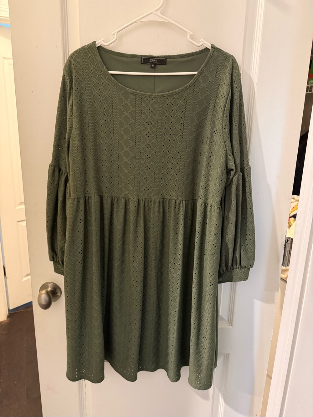Vibe Olive Eyelet Babydoll Dress with Puff Sleeves